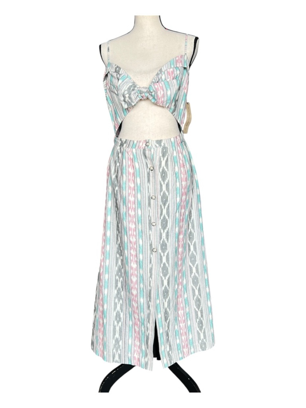 Reformation Cut-Out Midi Dress | Size 8 | Pink & Teal Ikat Print
